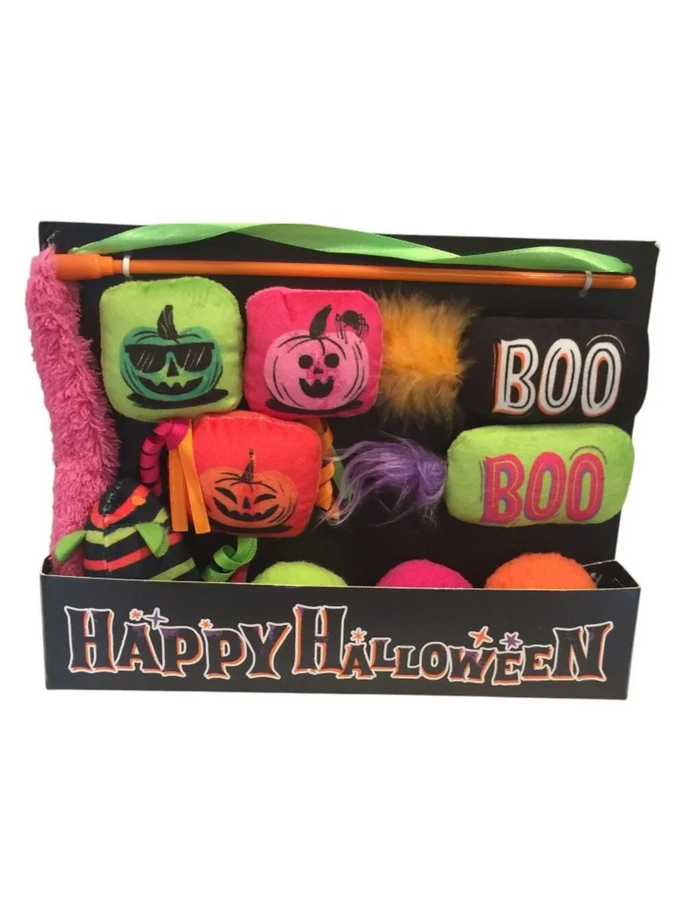 Happy Halloween Cat Wand 3 Kickers 6 Catnip Toys BOO Jack o Lanterns